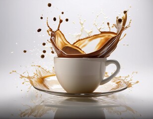 splashes of coffee with milk in a cup on light background for coffee advertising