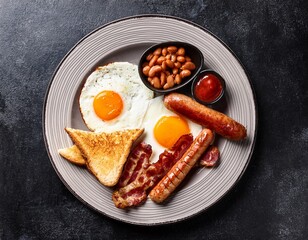 top view of english breakfast on plate against dark background for food advertising