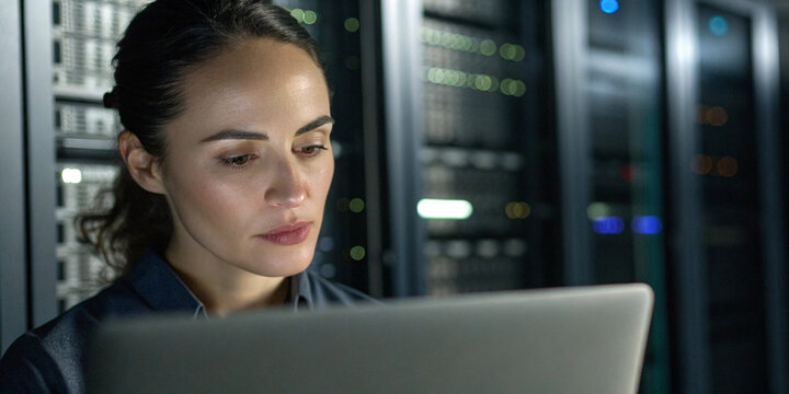 Woman working on a laptop in a server room with racks of equipment and blinking lights in the background created with generative ai