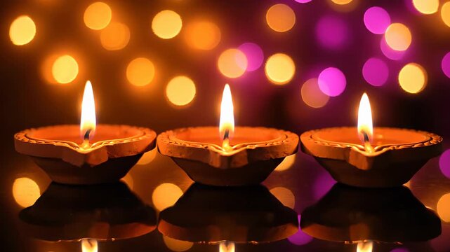 Candlelight ambiance with decorative oil lamps. Warm glow enhances festive atmosphere during celebration. Soft bokeh lights create enchanting backdrop.