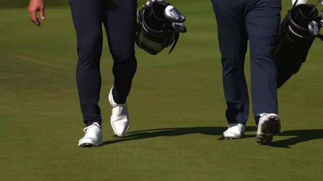 Two golfers walking across the lush green course with their golf bag in hand Stock Video
