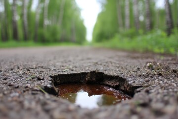 Fototapeta premium A close up view of a pothole filled with water on an asphalt road with a blurred forest background