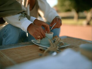 Close-up of young couple sharing a warm moment over coffee in an outdoor cafe setting during a sunny afternoon