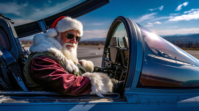 Fototapeta A man dressed as Santa Claus sitting in the cockpit of a plane