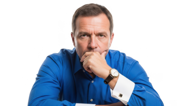 A middleaged man in a blue shirt with his hand on his chin, looking intently at the camera, isolated on transparent background