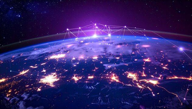 Digitally rendered purple Earth globe with network lines and nodes on dark background, symbolizing global connectivity and data exchange. - Powered by Adobe