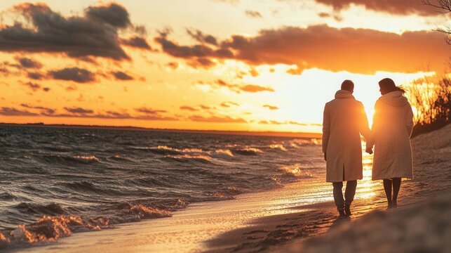 Young couple enjoys a romantic sunset walk along the beach creating lasting memories in the warm evening glow - Powered by Adobe