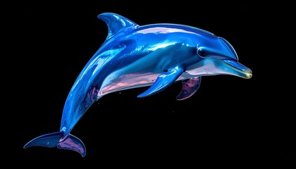 Stylized iridescent dolphin mid-swim on black background with shimmering blue, purple, and green hues.