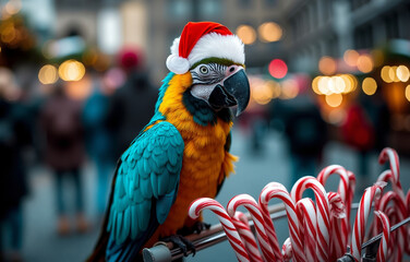 A parrot wearing a santa hat sitting on top of a metal pole