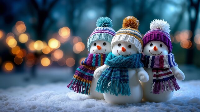 Three snowmen in winter hats and scarfs - Powered by Adobe
