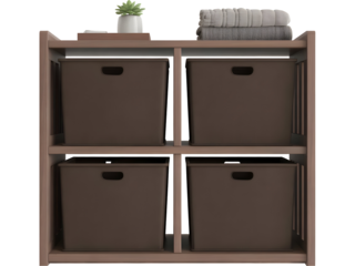 Modern wooden storage shelf organizer featuring four dark fabric cubby bins and decorative elements on top