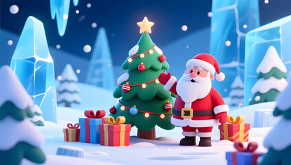 Santa Claus presents a merry Christmas holiday gift box 3D
