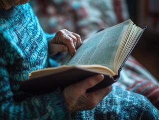 Elderly woman's hands gently flipping through the pages of a book while sitting in a cozy room filled with soft natural light