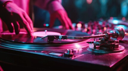 Obraz premium Man djing with turntable. Professional sound mixer at a night club. Music production, concert, party and event.
