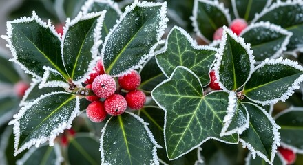 A closeup shot of holly and ivy leaves covered in frost, with bright red berries adding a festive touch to the winter scene