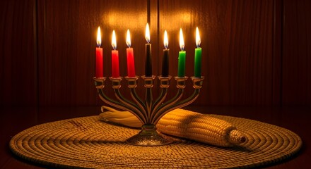A kinara with seven lit candles, three red, one black, and three green, sits on a woven mat with corn for kwanzaa