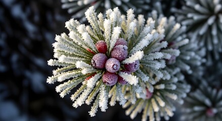 A closeup of a pine branch covered in frost, with red berries nestled among the needles, creating a winter wonderland scene