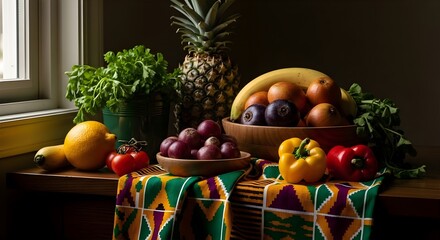A vibrant still life featuring a variety of fresh fruits and vegetables arranged on a wooden table near a window with natural light