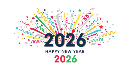Happy new year 2026 celebration with colorful confetti streamers and stars bursting outwards on a white background