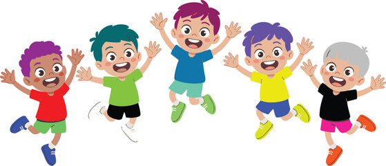 Happy diverse group of boys jumping together, cheerful children playing outdoors, friendship and fun concept, multicultural kids celebrating joyful energy