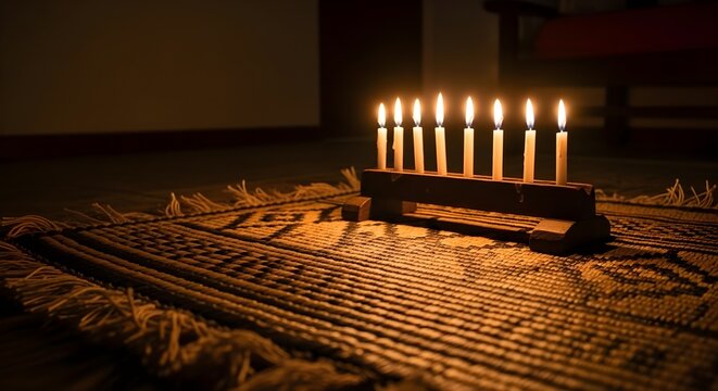 Illuminated menorah candles glowing brightly on a woven rug, casting warm light in a dimly lit room during hanukkah celebration