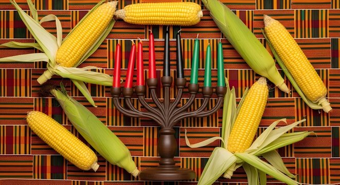 Overhead shot of kwanzaa kinara with seven candles and ears of corn on a colorful woven mat, symbolizing african heritage