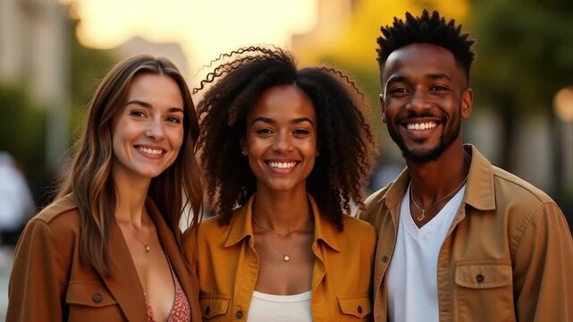 A group of friends standing together outside on a sunny day. Joyful young people walking and talking to each other, friendship concept, peers, students, everyday life