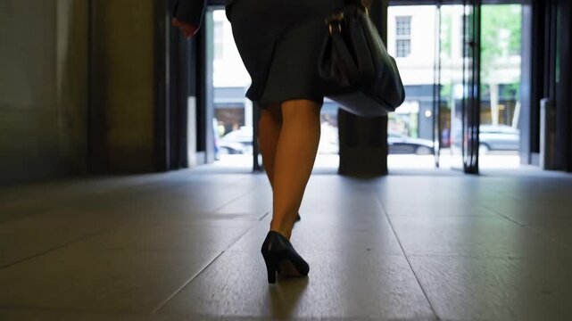 A businesswoman confidently walking through a doorway, on her way to success. The legs are the focus, wearing elegant high heels Stock Video