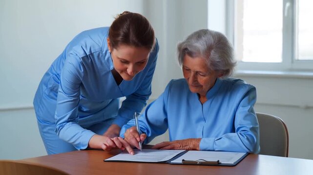 A kind caregiver assisting a senior woman with paperwork, showing care and support  Stock Video