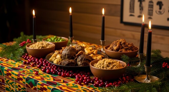 A beautiful kwanzaa feast is displayed on a table with lit candles, cranberries, and greenery for the holiday celebration