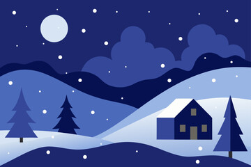 Cozy winter night scene: house, snow, trees under a full moon