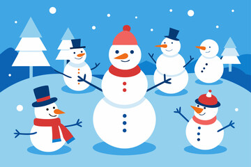 Cheerful snowmen in snowy winter landscape with trees and falling snow