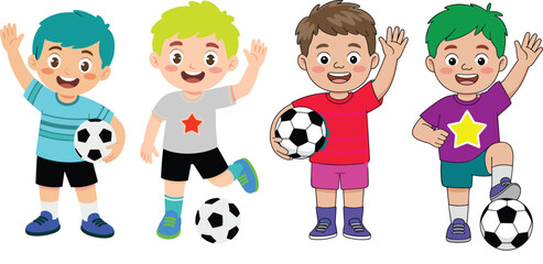 Happy young boys playing soccer together, smiling cartoon kids holding and kicking football, cheerful illustration of teamwork and fun