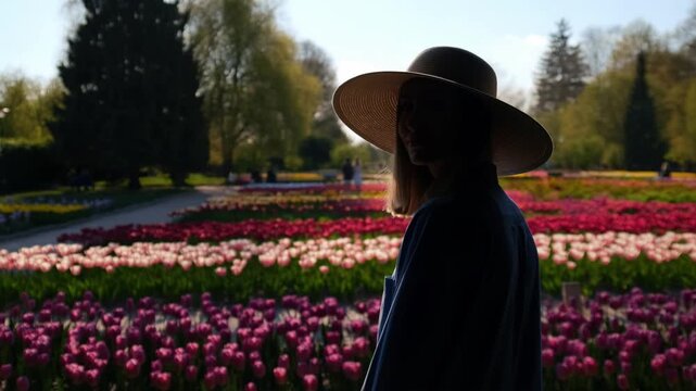 A woman with a hat enjoying the beautiful sight of a blooming flower field Stock Video