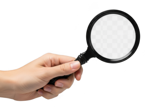 Hand holding a magnifying glass isolated on transparent background