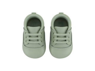 Pair of soft sage green baby sneakers isolated on a transparent background, symbolizing early childhood and new life.