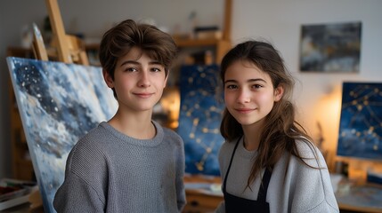 Young artists painting winter constellations and galaxy-themed Christmas murals on large canvases, emotion of awe and imagination visible, representing creative holiday art projects and educational