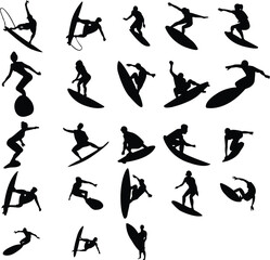 PrintSet surfer surfboard boarding female surfer surfing silhouette . Woman surf pose design concept. Young girl in a bikini surfing. different action, pose.Sport, surfing, hobby, summer theme. Isolat