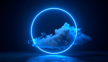A bright blue neon ring hovers above a fluffy cloud, against a dark, moody backdrop