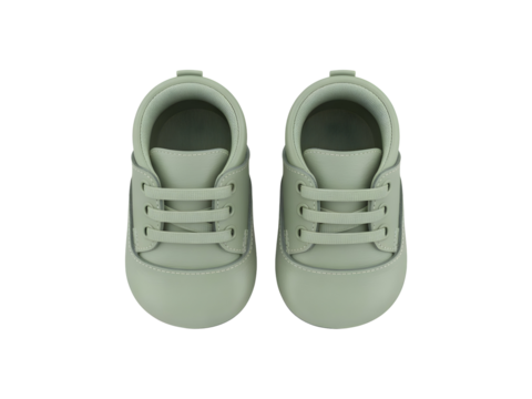 Pair of soft sage green baby sneakers isolated on a transparent background, symbolizing early childhood and new life.