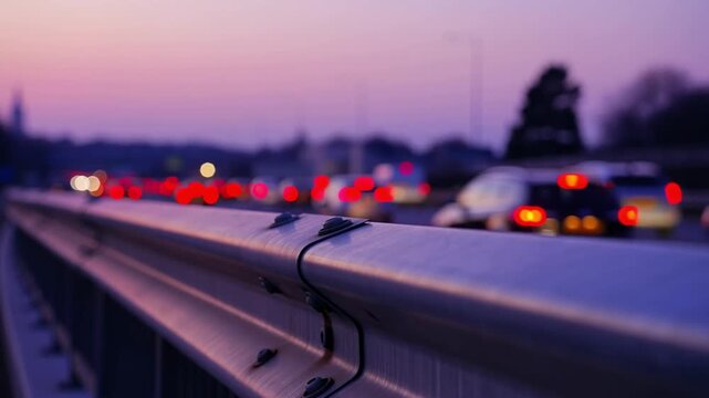 Evening traffic captured with a guardrail in the foreground. Blurred lights of vehicles create a sense of motion against the soft hues of the sky.  Stock Video