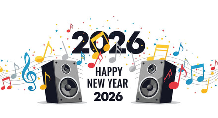 Obraz premium Happy new year 2026 celebration with music notes and speakers surrounded by confetti and streamers