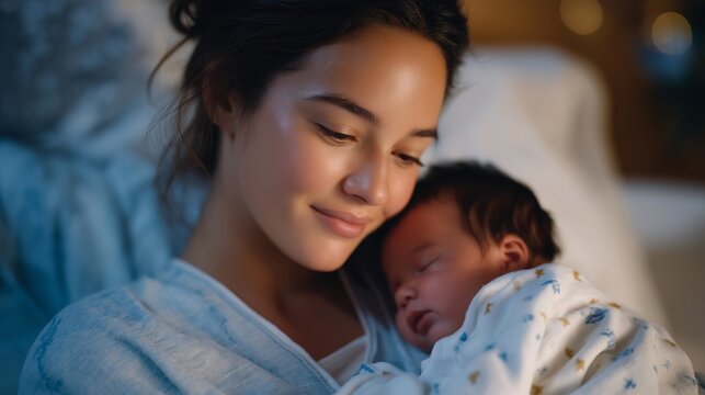 Mother and baby in a soft blanket with tiny Christmas motifs, emotion of tenderness and warmth visible, representing seasonal winter births, early bonding moments, and festive newborn celebrations.