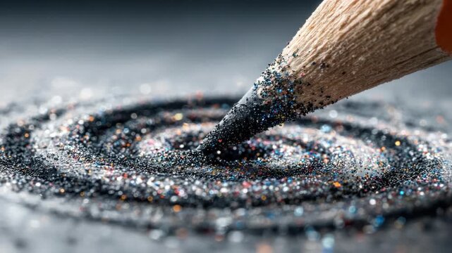 Close-up of a pencil point making a swirling pattern in a bed of multicolored glitter
