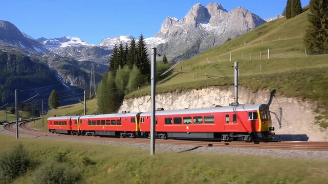 A vibrant red train travels along scenic tracks through a mountainous region, showcasing the beauty of the landscape Stock Video