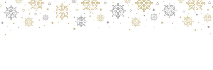 Festive snowflake border design with gold and silver snowflakes, stars, and dots along the top edge. Blank white space below is ideal for holiday cards, invitations, and seasonal templates.