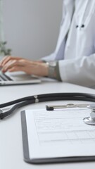 Stethoscope and medical records are on the desk opposite the doctor is typing on a laptop with a in a medical office, suggesting online healthcare or telemedicine services. Medicine concept