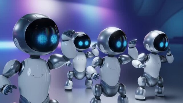A group of four futuristic robots with glowing eyes standing in a row, exuding technology and innovation. Their sleek metallic bodies and the advanced setting create a sense of the future Stock Video