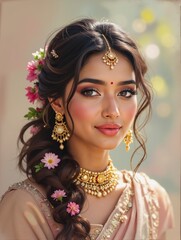 Fototapeta premium Beautiful young Indian woman with glamorous makeup and traditional jewelry in a saree, her long braided hair decorated with fresh pink flowers.