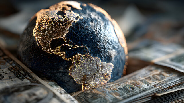 Luminous blue wireframe planet Earth model on a stack of money illustrating digital currency and international markets - Powered by Adobe